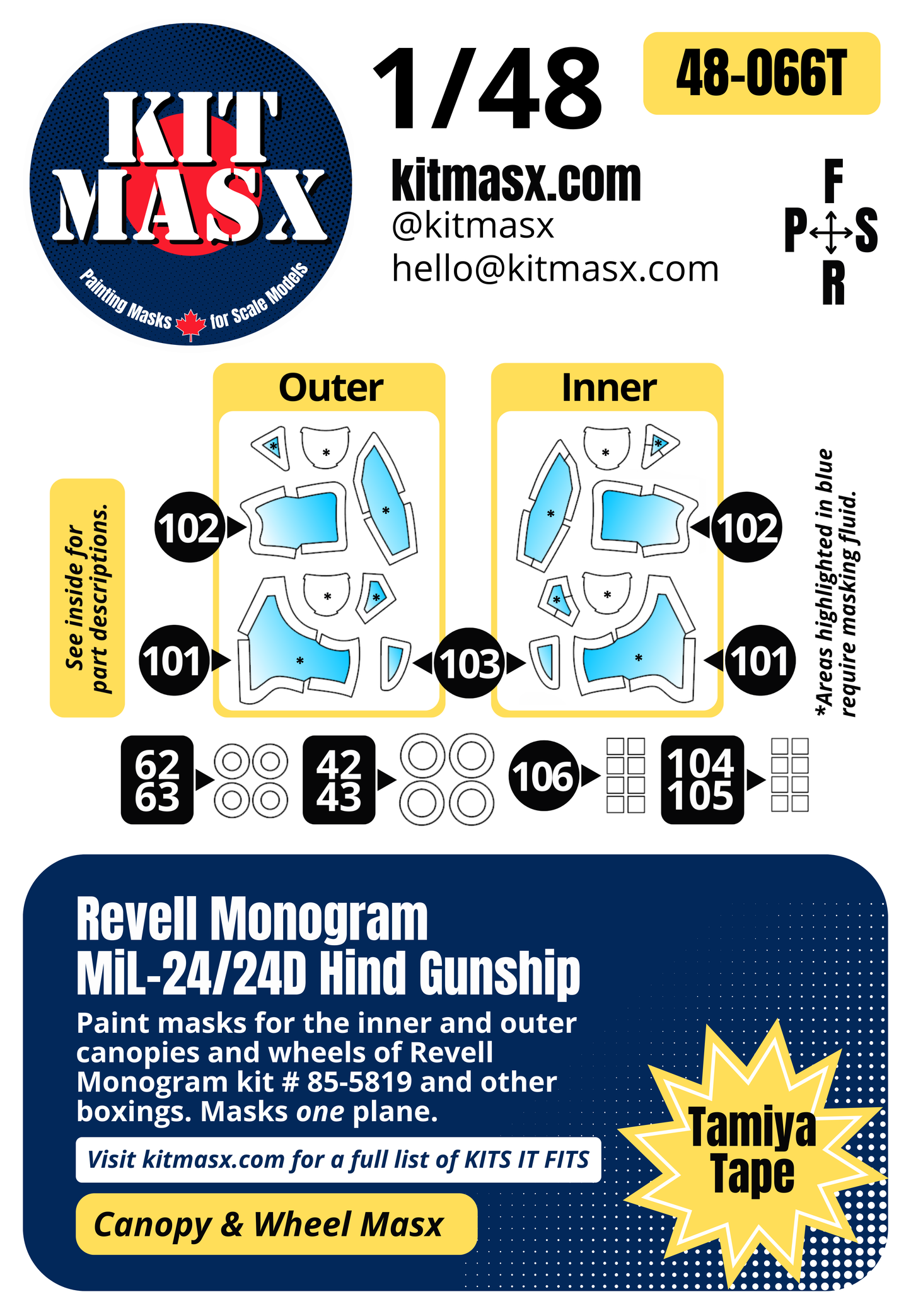 Revell Monogram MiL-24/24D Hind Gunship 1/48 Canopy & Wheel Paint Masks, Kit # 85-5819