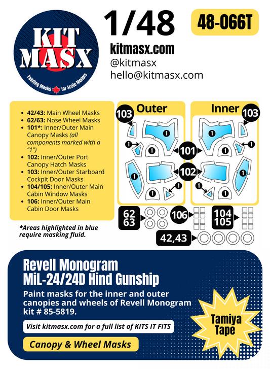 Revell Monogram MiL-24/24D Hind Gunship 1/48 Canopy & Wheel Paint Masks, Kit # 85-5819