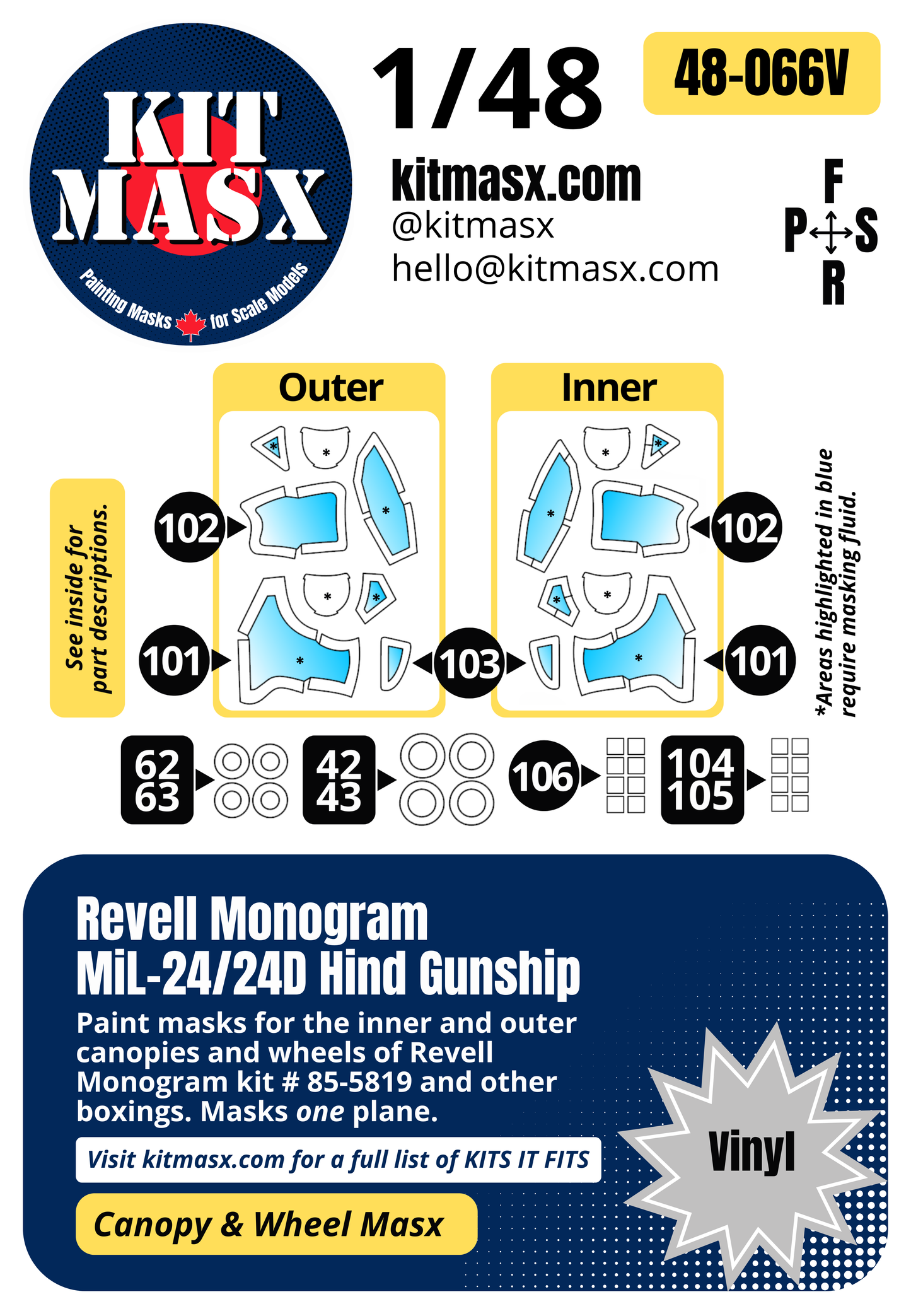 Revell Monogram MiL-24/24D Hind Gunship 1/48 Canopy & Wheel Paint Masks, Kit # 85-5819