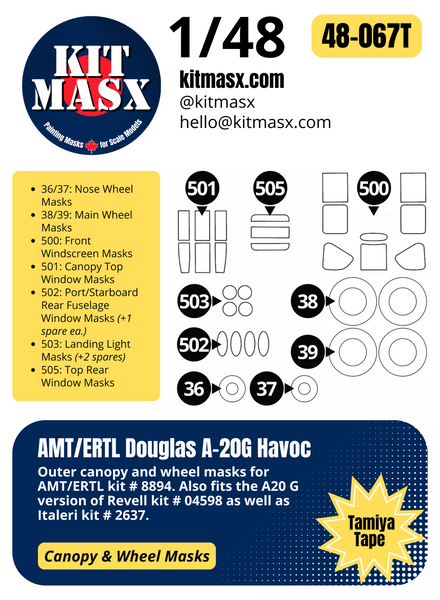 AMT/ERTL Douglas A-20G Havoc 1/48 Canopy & Wheel Paint Masks, Kit # 8894