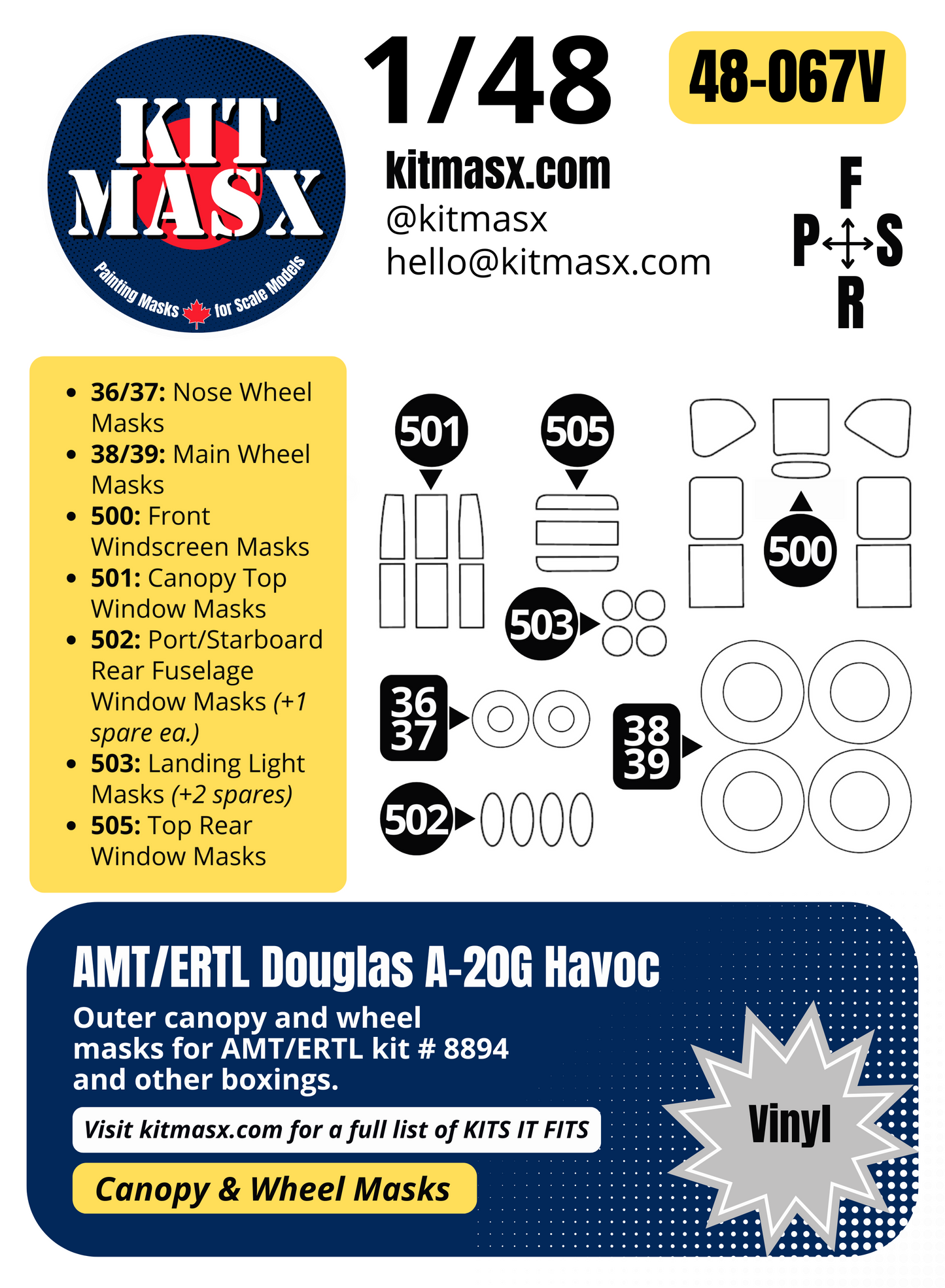 AMT/ERTL Douglas A-20G Havoc 1/48 Canopy & Wheel Paint Masks, Kit # 8894