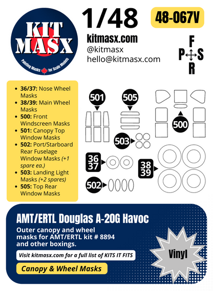 AMT/ERTL Douglas A-20G Havoc 1/48 Canopy & Wheel Paint Masks, Kit # 8894
