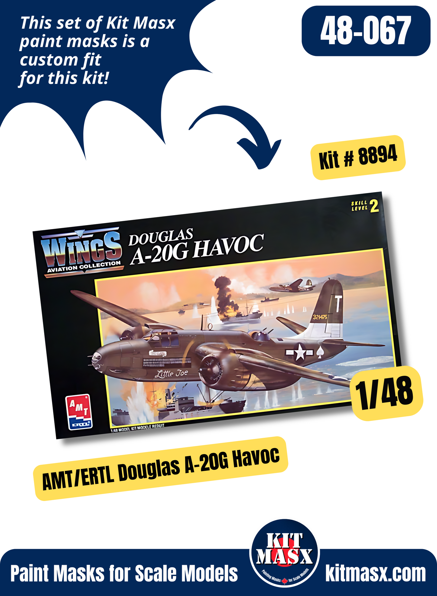 AMT/ERTL Douglas A-20G Havoc 1/48 Canopy & Wheel Paint Masks, Kit # 8894