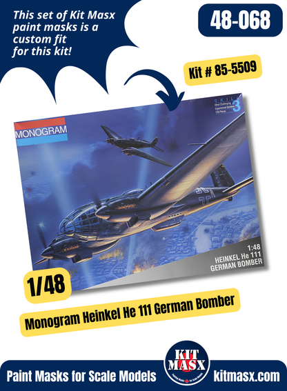 Monogram Heinkel He 111, He 111H, He 111H-4/6/22 1/48 Canopy & Wheel Paint Masks, Kit # 85-5509 (48068)
