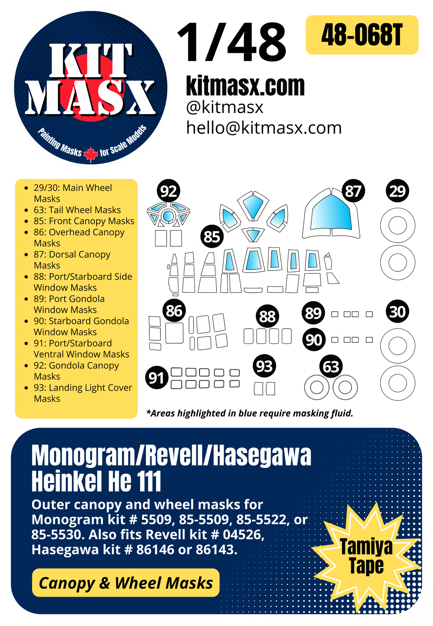 Monogram Heinkel He-111 1/48 Canopy & Wheel Paint Masks, Kit # 85-5509