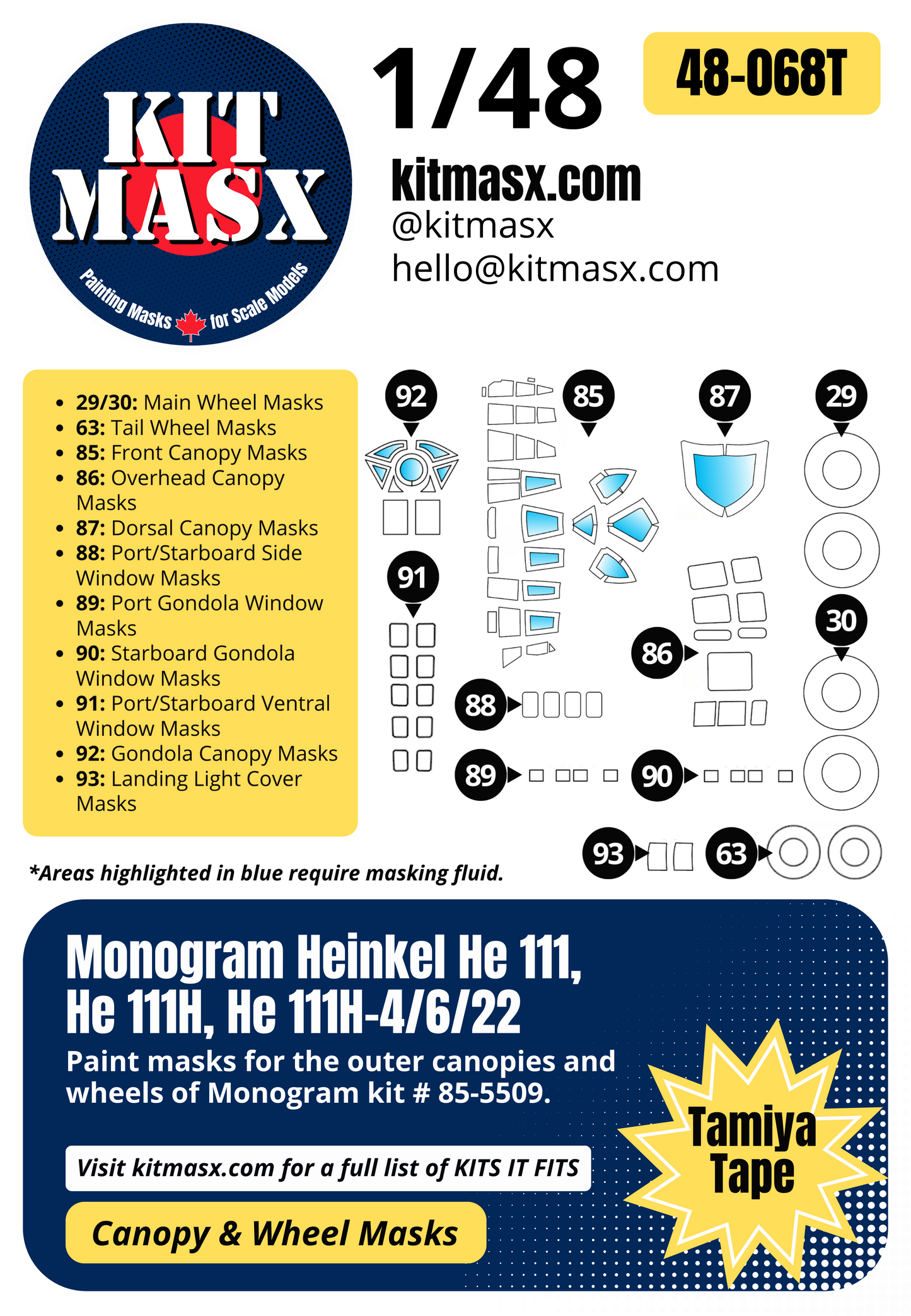 Monogram Heinkel He 111, He 111H, He 111H-4/6/22 1/48 Canopy & Wheel Paint Masks, Kit # 85-5509