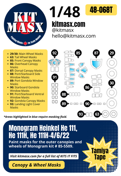 Monogram Heinkel He 111, He 111H, He 111H-4/6/22 1/48 Canopy & Wheel Paint Masks, Kit # 85-5509