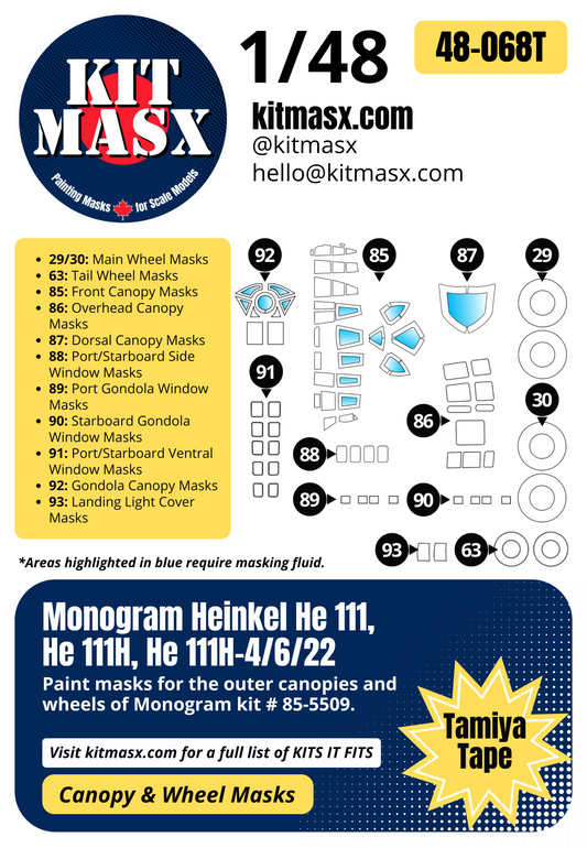 Monogram Heinkel He 111, He 111H, He 111H-4/6/22 1/48 Canopy & Wheel Paint Masks, Kit # 85-5509