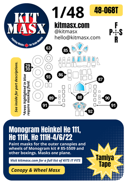 Monogram Heinkel He 111, He 111H, He 111H-4/6/22 1/48 Canopy & Wheel Paint Masks, Kit # 85-5509 (48068)
