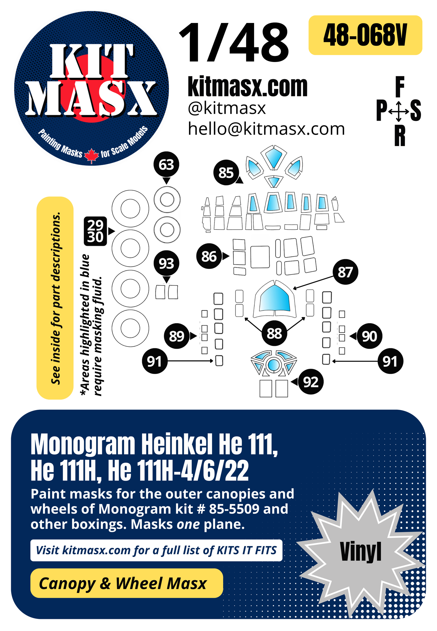 Monogram Heinkel He 111, He 111H, He 111H-4/6/22 1/48 Canopy & Wheel Paint Masks, Kit # 85-5509 (48068)