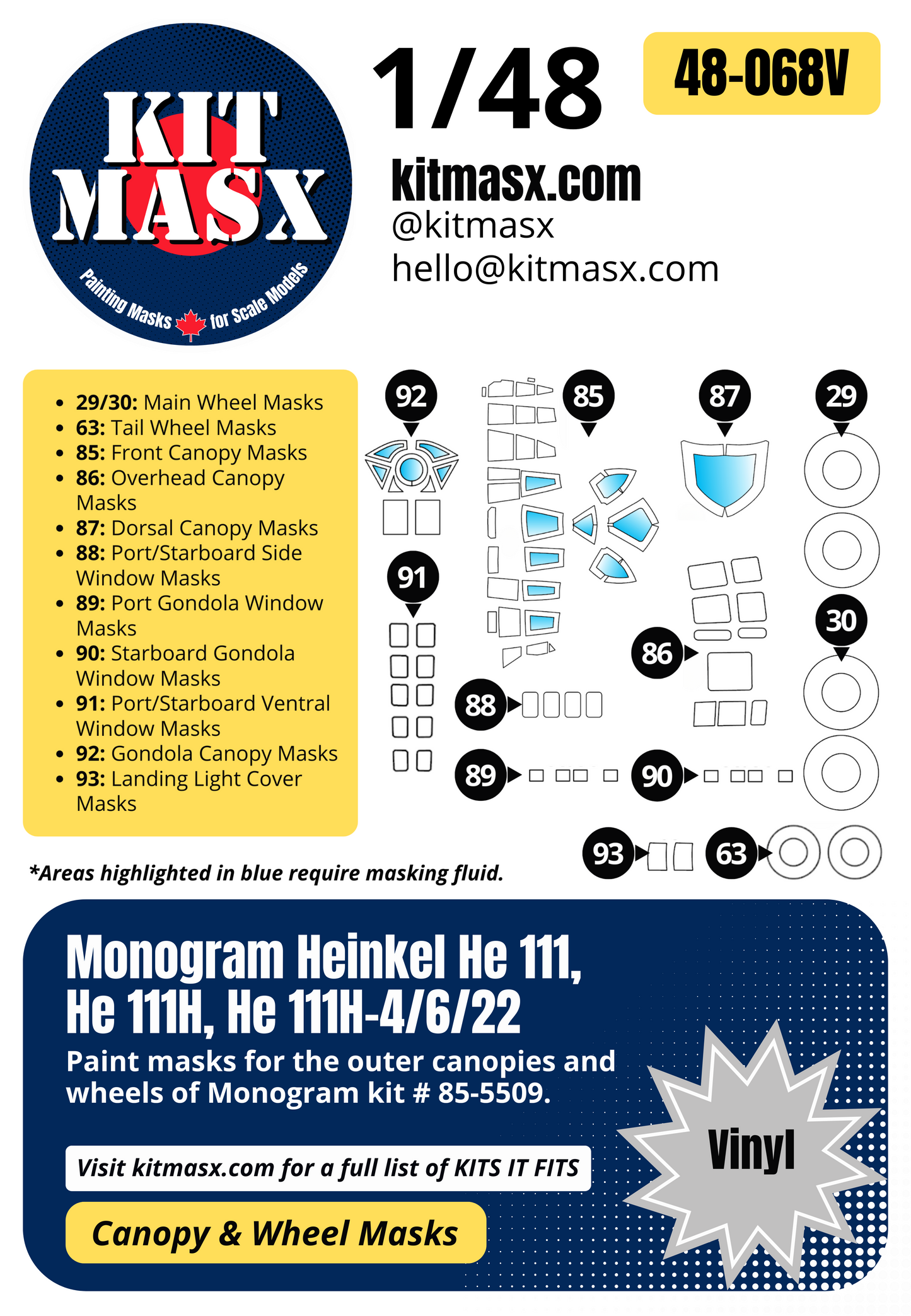 Monogram Heinkel He 111, He 111H, He 111H-4/6/22 1/48 Canopy & Wheel Paint Masks, Kit # 85-5509