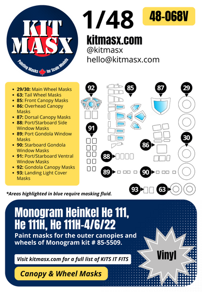 Monogram Heinkel He 111, He 111H, He 111H-4/6/22 1/48 Canopy & Wheel Paint Masks, Kit # 85-5509
