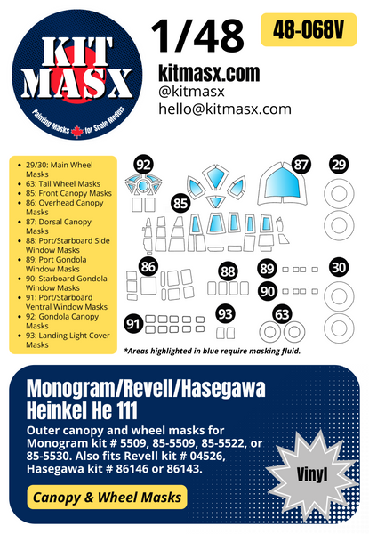 Monogram Heinkel He-111 1/48 Canopy & Wheel Paint Masks, Kit # 85-5509