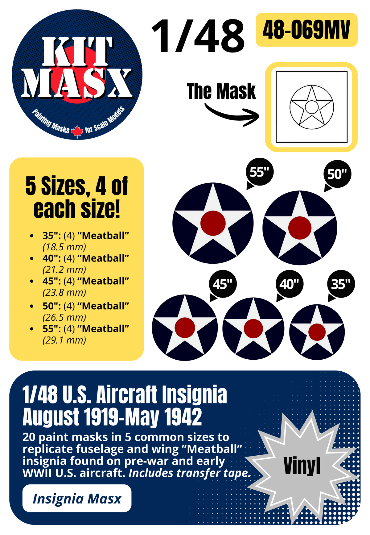 U.S. Aircraft "Meatball" Roundels (August 1919-May 1942) 1/48 National Insignia Paint Masks (48-069M)