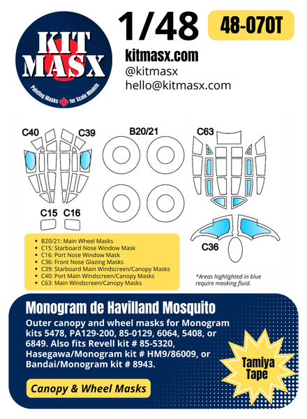 Monogram De Havilland Mosquito 1/48 Canopy & Wheel Paint Masks