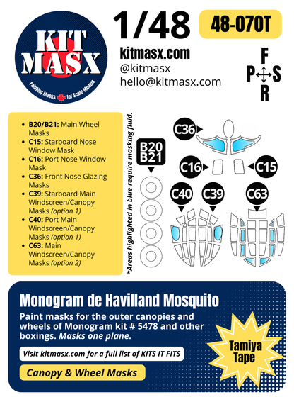 Monogram De Havilland Mosquito 1/48 Canopy & Wheel Paint Masks, Kit # 5478