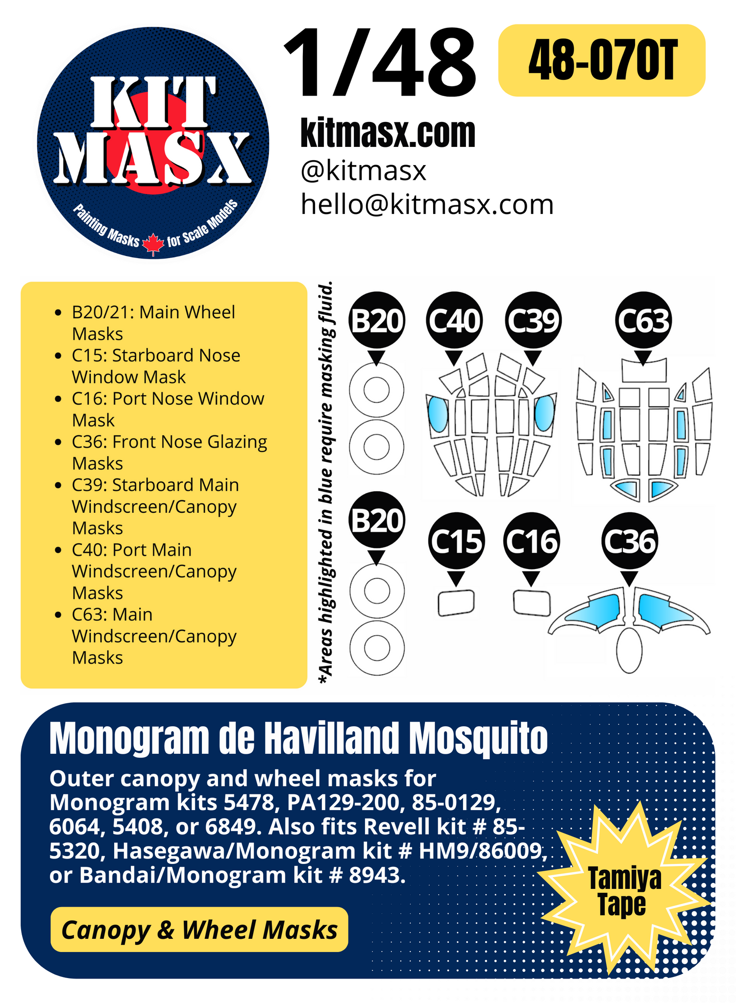 Monogram De Havilland Mosquito 1/48 Canopy & Wheel Paint Masks, Kit # 5478