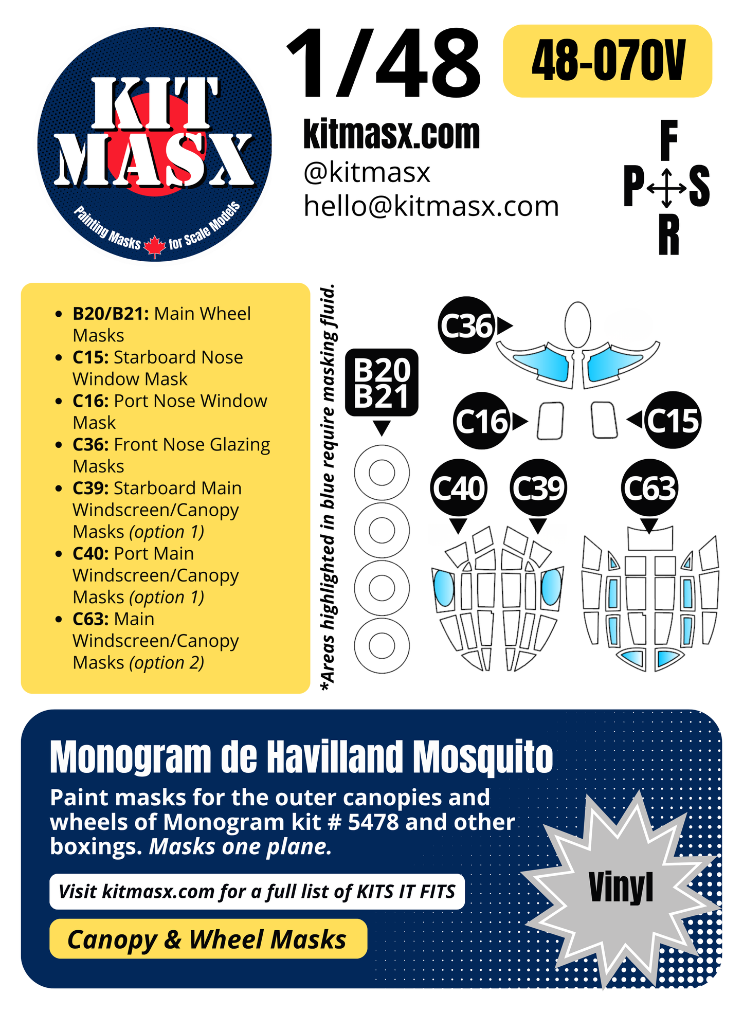 Monogram De Havilland Mosquito 1/48 Canopy & Wheel Paint Masks, Kit # 5478