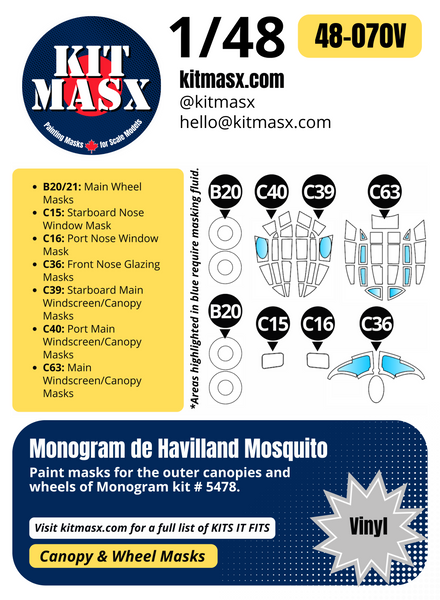 Monogram De Havilland Mosquito 1/48 Canopy & Wheel Paint Masks, Kit # 5478