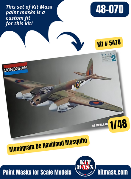 Monogram De Havilland Mosquito 1/48 Canopy & Wheel Paint Masks, Kit # 5478