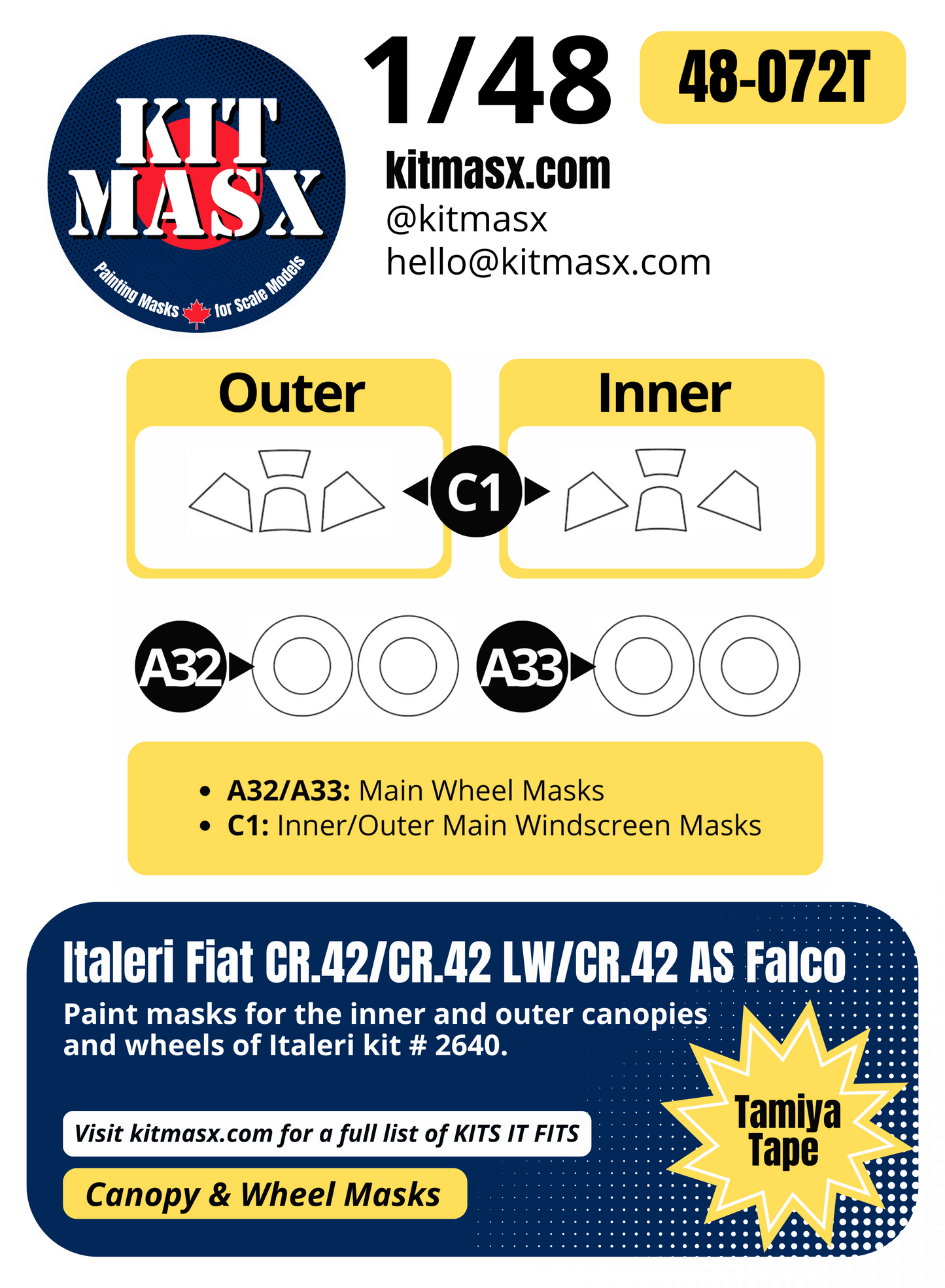 Italeri Fiat CR.42/CR.42 LW/CR.42 AS Falco 1/48 Canopy & Wheel Paint Masks, Kit # 2640
