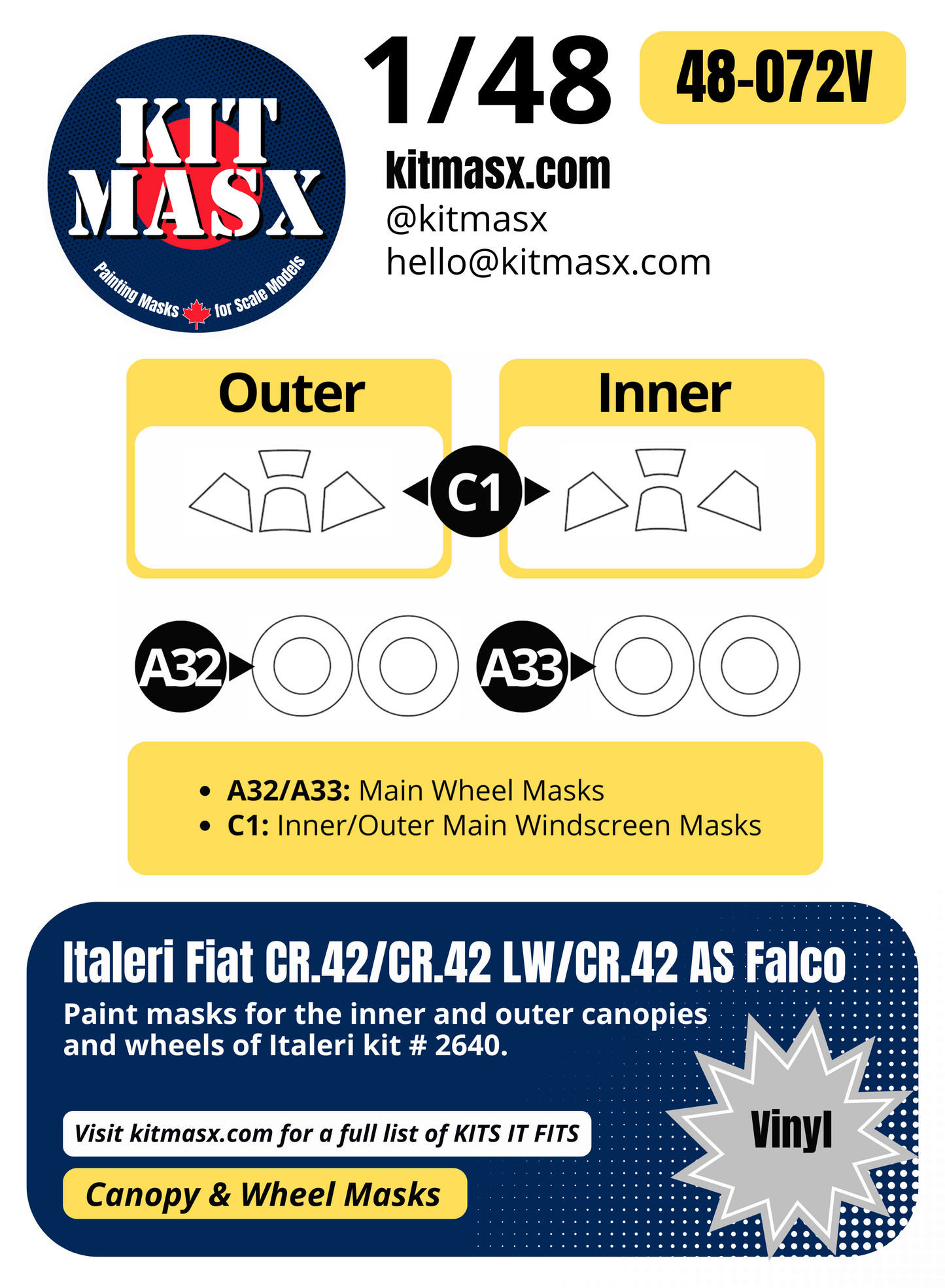 Italeri Fiat CR.42/CR.42 LW/CR.42 AS Falco 1/48 Canopy & Wheel Paint Masks, Kit # 2640
