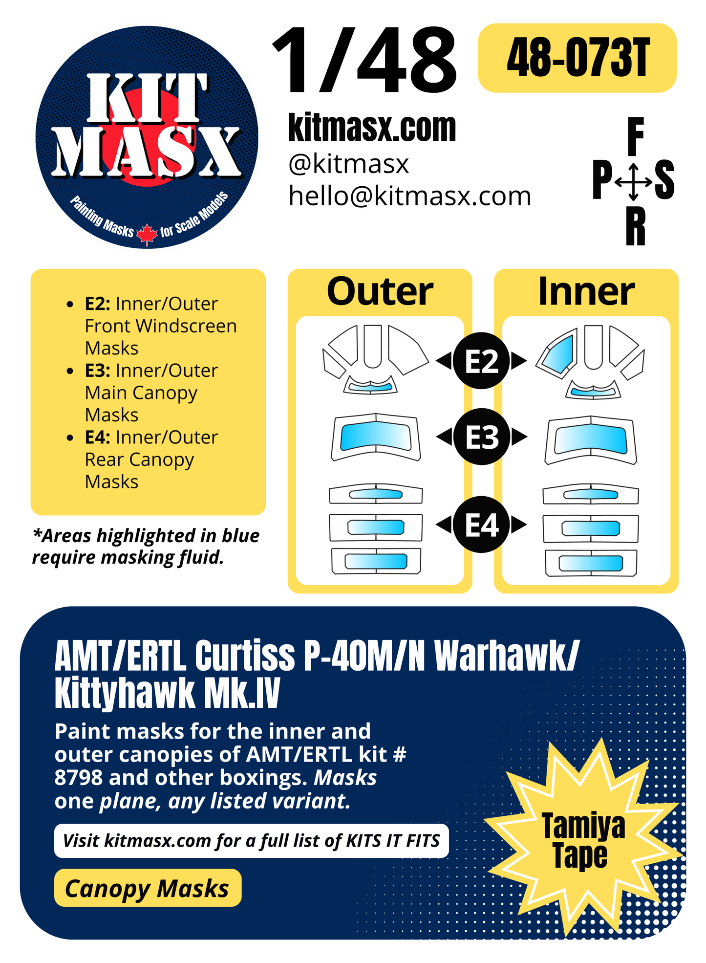 AMT/ERTL Curtiss P-40M/N Warhawk/Kittyhawk Mk.IV 1/48 Canopy Paint Masks, Kit # 8798
