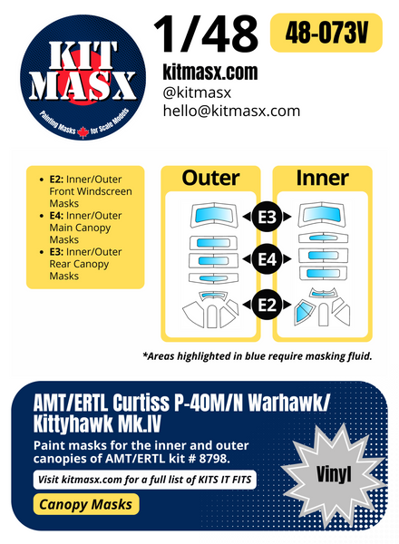 AMT/ERTL Curtiss P-40M/N Warhawk/Kittyhawk Mk.IV 1/48 Canopy Paint Masks, Kit # 8798