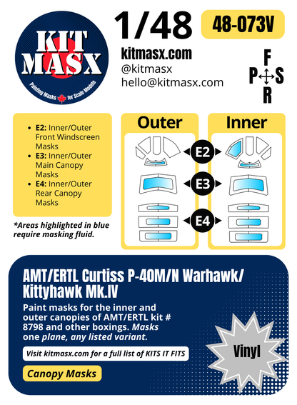 AMT/ERTL Curtiss P-40M/N Warhawk/Kittyhawk Mk.IV 1/48 Canopy Paint Masks, Kit # 8798