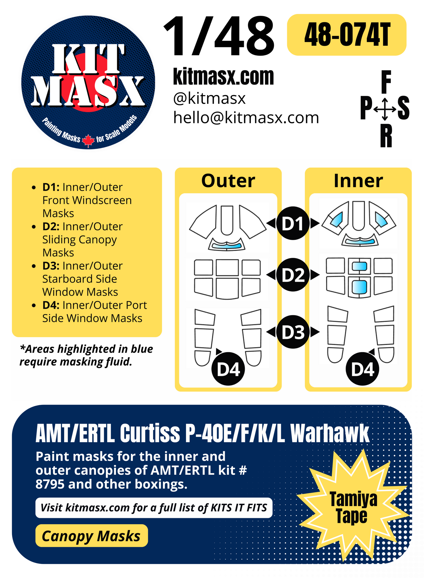 AMT/ERTL Curtiss P-40E/F/K/L Warhawk 1/48 Canopy Paint Masks, Kit # 8795