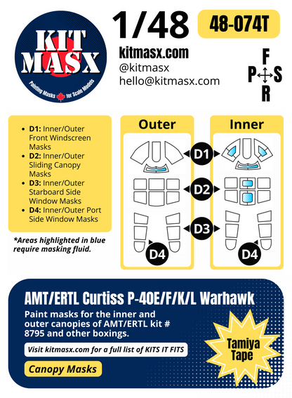 AMT/ERTL Curtiss P-40E/F/K/L Warhawk 1/48 Canopy Paint Masks, Kit # 8795