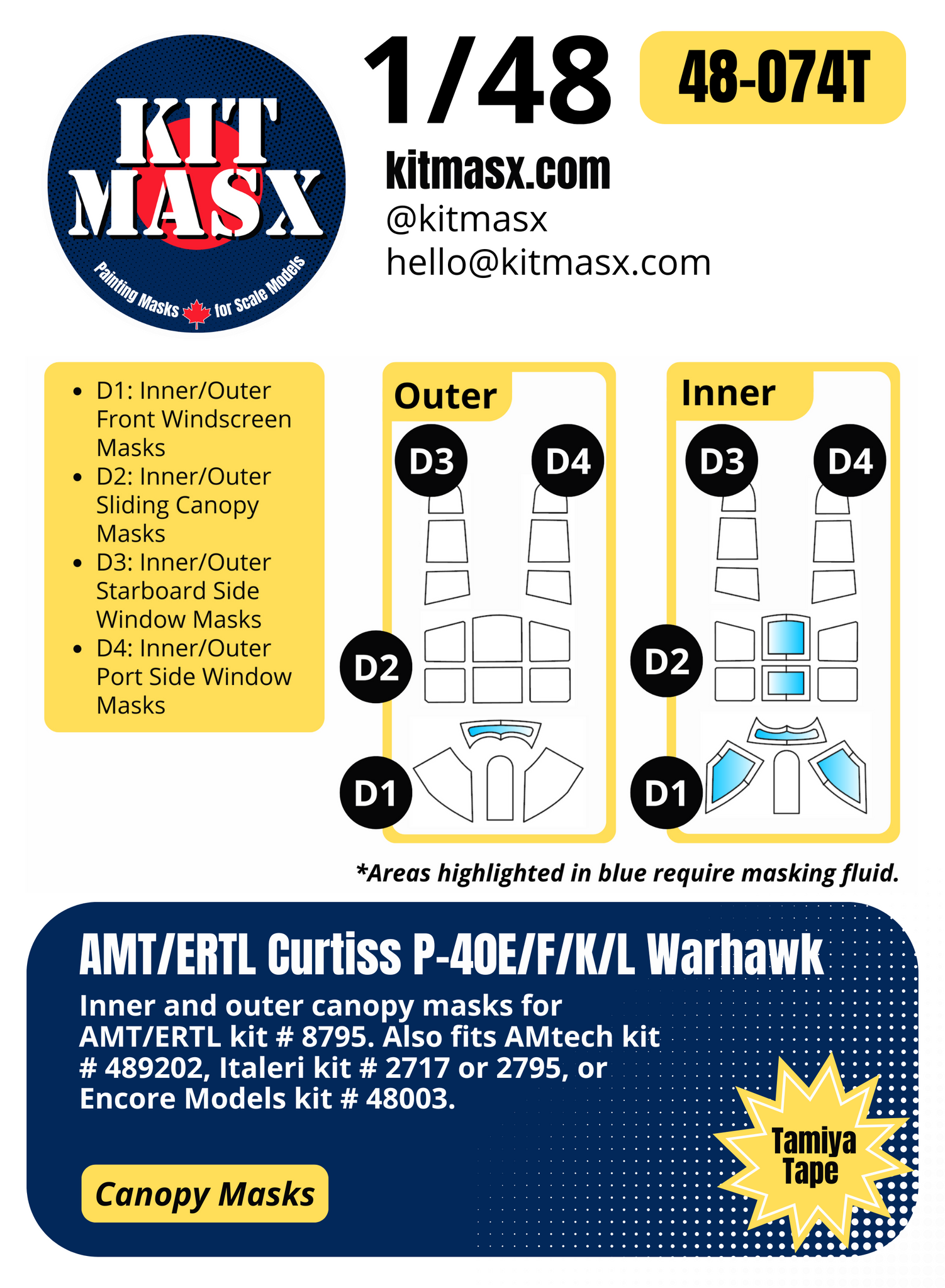 AMT/ERTL Curtiss P-40E/F/K/L Warhawk 1/48 Canopy Paint Masks, Kit # 8795