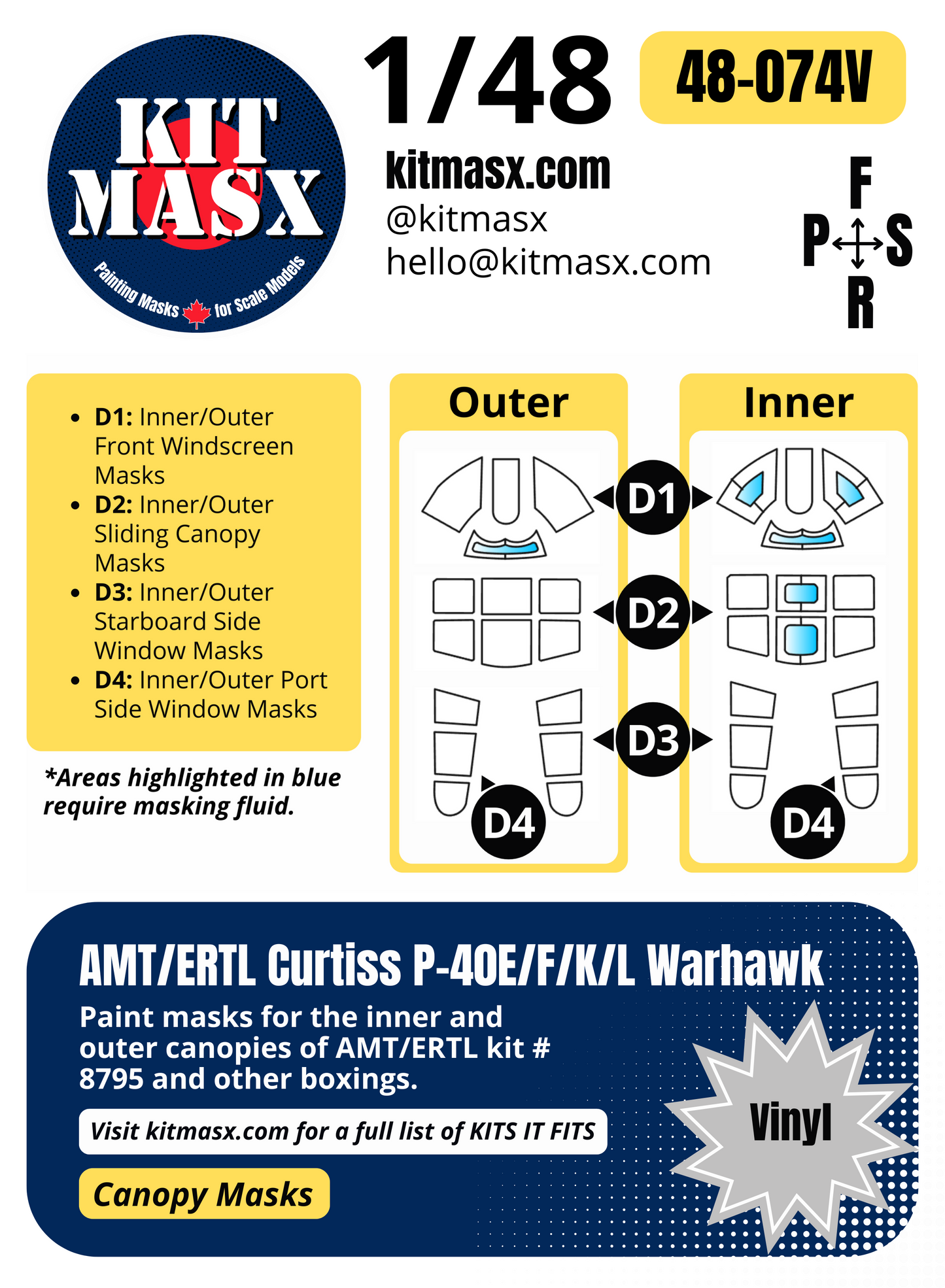 AMT/ERTL Curtiss P-40E/F/K/L Warhawk 1/48 Canopy Paint Masks, Kit # 8795