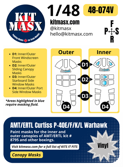 AMT/ERTL Curtiss P-40E/F/K/L Warhawk 1/48 Canopy Paint Masks, Kit # 8795