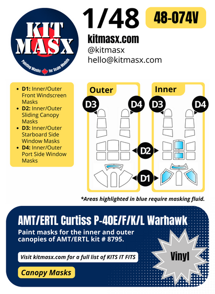 AMT/ERTL Curtiss P-40E/F/K/L Warhawk 1/48 Canopy Paint Masks, Kit # 8795