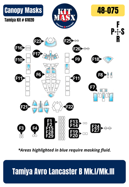 Tamiya Avro Lancaster B Mk.I/Mk.III 1/48 Canopy Paint Masks, Kit # 61020