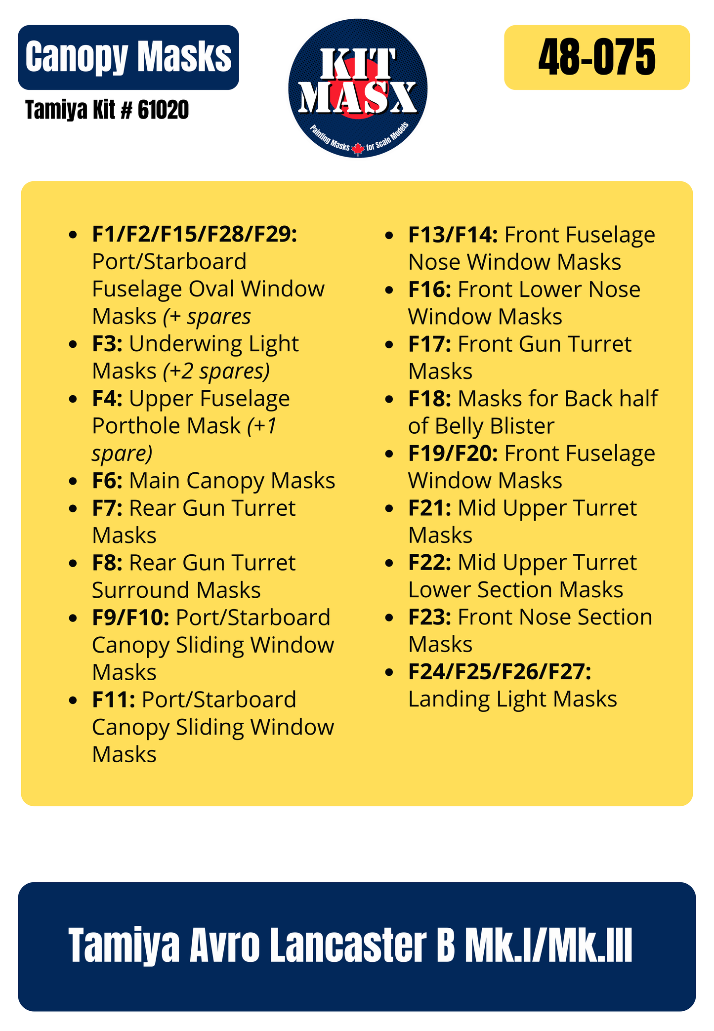 Tamiya Avro Lancaster B Mk.I/Mk.III 1/48 Canopy Paint Masks, Kit # 61020