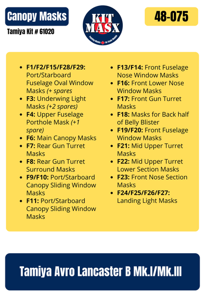 Tamiya Avro Lancaster B Mk.I/Mk.III 1/48 Canopy Paint Masks, Kit # 61020