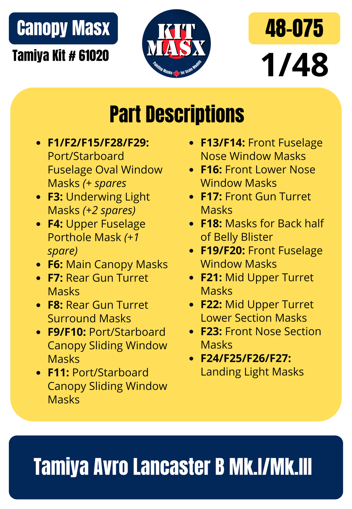 Tamiya Avro Lancaster B Mk.I/Mk.III 1/48 Canopy Paint Masks, Kit # 61020 (48075)