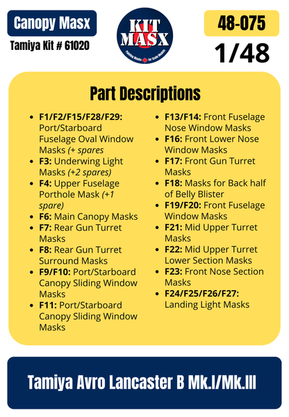 Tamiya Avro Lancaster B Mk.I/Mk.III 1/48 Canopy Paint Masks, Kit # 61020 (48075)
