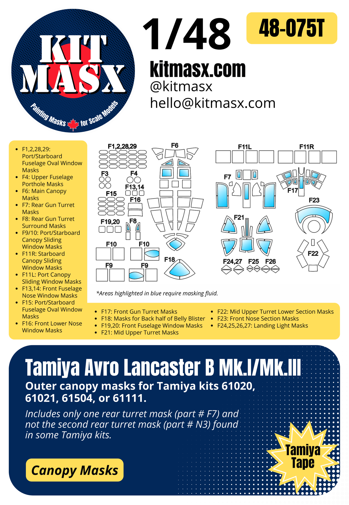 Tamiya Avro Lancaster B Mk.I/Mk.III 1/48 Canopy Paint Masks, Kit # 61020