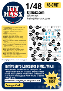 Tamiya Avro Lancaster B Mk.I/Mk.III 1/48 Canopy Paint Masks, Kit # 61020