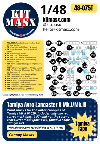 Tamiya Avro Lancaster B Mk.I/Mk.III 1/48 Canopy Paint Masks, Kit # 61020