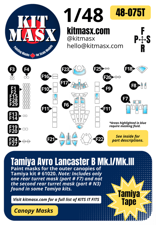 Tamiya Avro Lancaster B Mk.I/Mk.III 1/48 Canopy Paint Masks, Kit # 61020