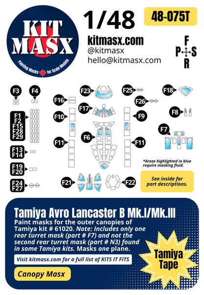 Tamiya Avro Lancaster B Mk.I/Mk.III 1/48 Canopy Paint Masks, Kit # 61020 (48075)