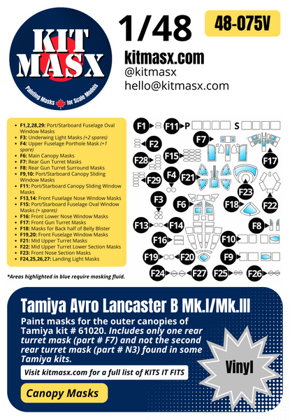 Tamiya Avro Lancaster B Mk.I/Mk.III 1/48 Canopy Paint Masks, Kit # 61020