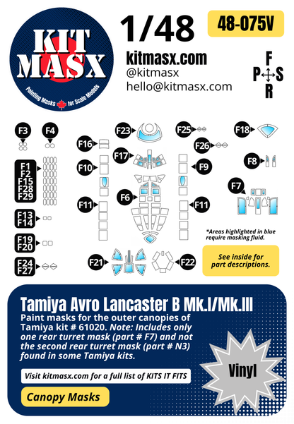 Tamiya Avro Lancaster B Mk.I/Mk.III 1/48 Canopy Paint Masks, Kit # 61020