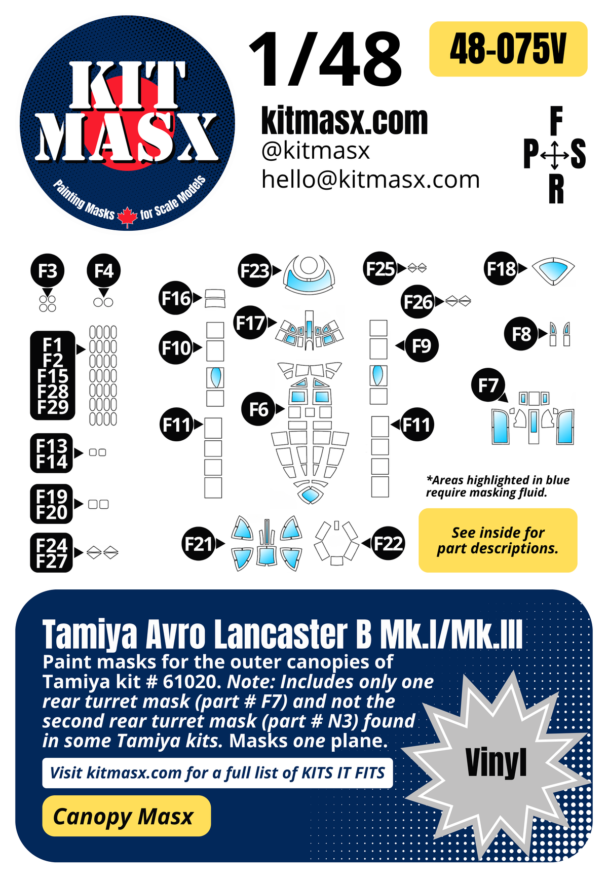 Tamiya Avro Lancaster B Mk.I/Mk.III 1/48 Canopy Paint Masks, Kit # 61020 (48075)