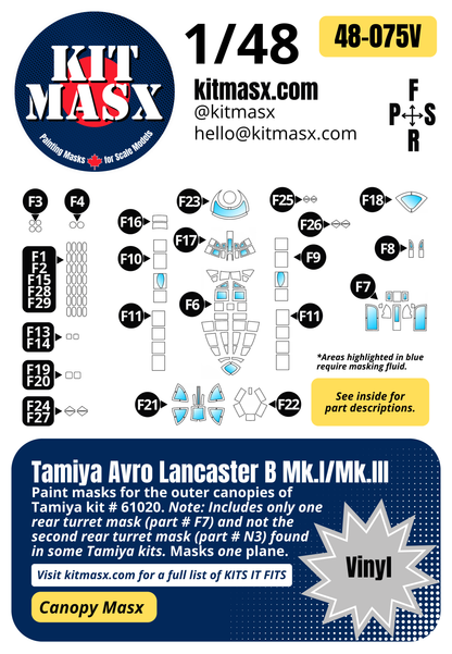 Tamiya Avro Lancaster B Mk.I/Mk.III 1/48 Canopy Paint Masks, Kit # 61020 (48075)