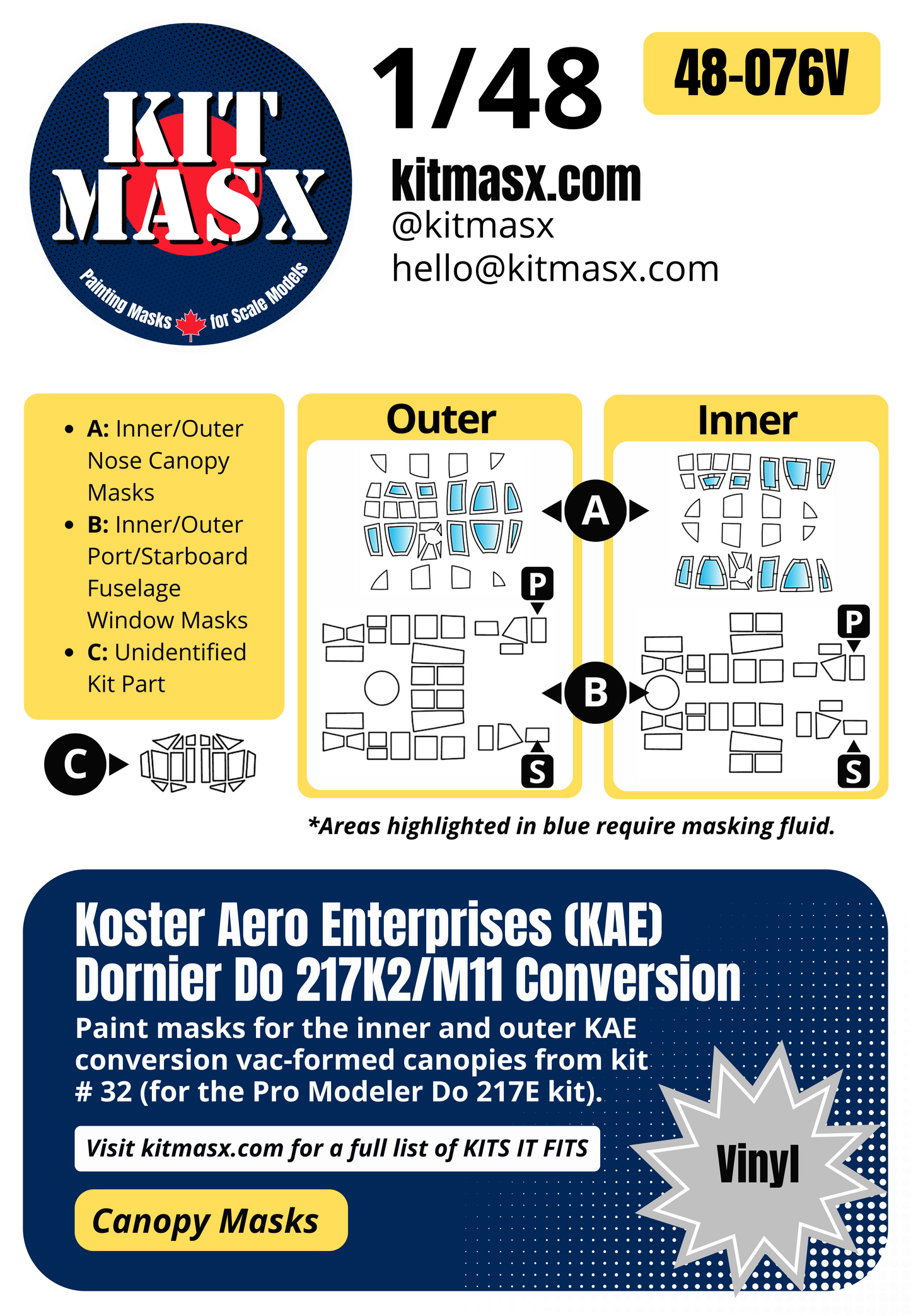 Koster Aero Enterprises Dornier Do 217K-2 and M-11 Conversion 1/48 Canopy Paint Masks, Kit # 32
